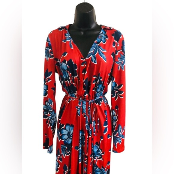Zara red & blue floral v-neck button front belted‎ midi dress size small new - Picture 13 of 16